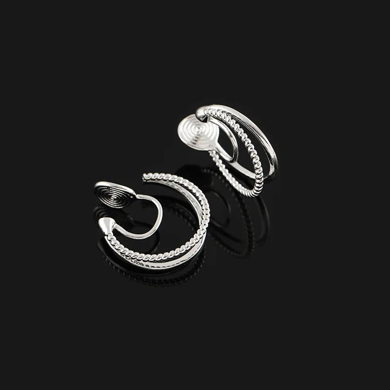 Vintage Double Hoop Spiral Alloy Stud & Clip On No Piercing Hong Kong Style Hoop Earrings