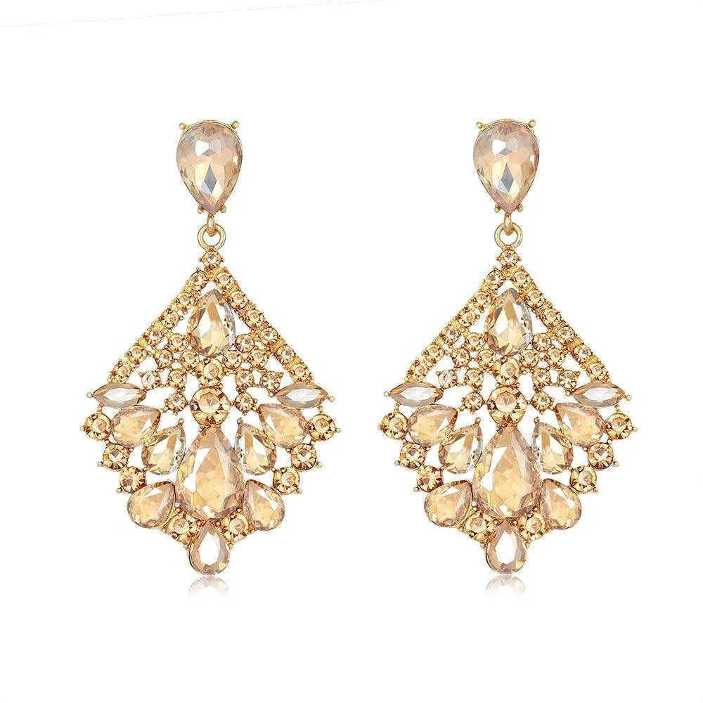 Vintage Geometric Hollow Rhombus Green Crystal Rhinestone Alloy Drop Earrings For Wedding Party Bridal Gift