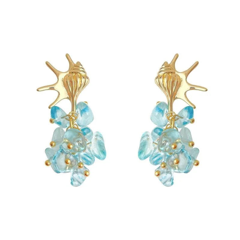Ocean Style Copper Aquamarine Glass Conch Geometric Drop Earrings For Beach Vacation