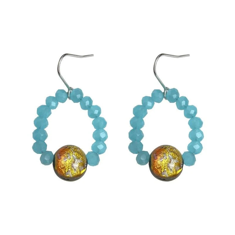 Aquamarine Glass Liuli Round Geometric Drop Earrings Vintage New Chinese Handmade Jewelry