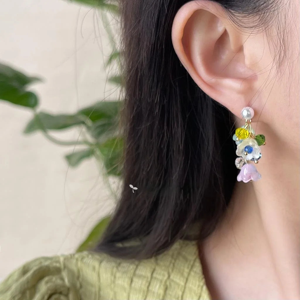 Sweet Lily Of The Valley Handmade Glass Crystal Pearl Floral Drop Earrings For Women