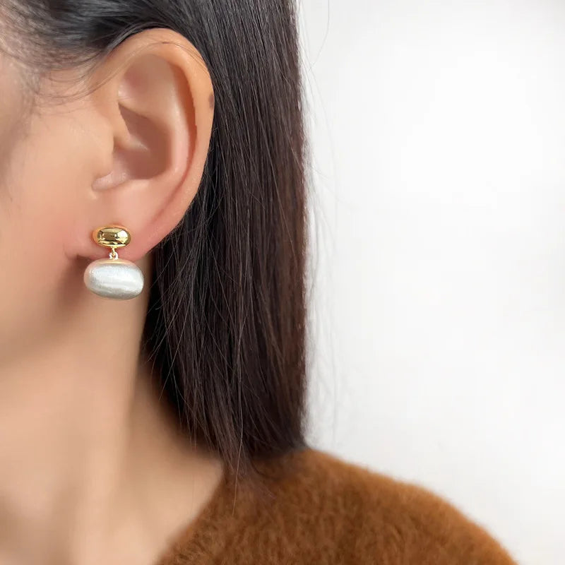 Elegant Gold Silver Two Tone Alloy Oval Bean Metal Ball Spiral Stud & Clip On No Piercing Dangle Drop Earrings