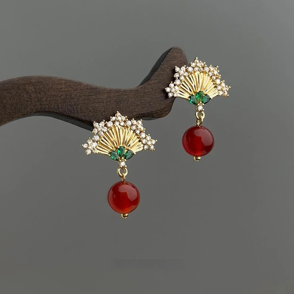 Original Chinese Style Micro Pave Zircon Fan Red Agate Ethnic Drop Earrings