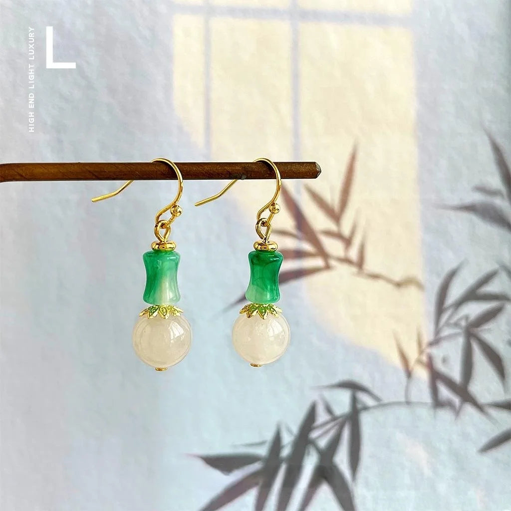 New Chinese Style Bamboo Segment Natural Stone Resin Round Geometric Drop Earrings