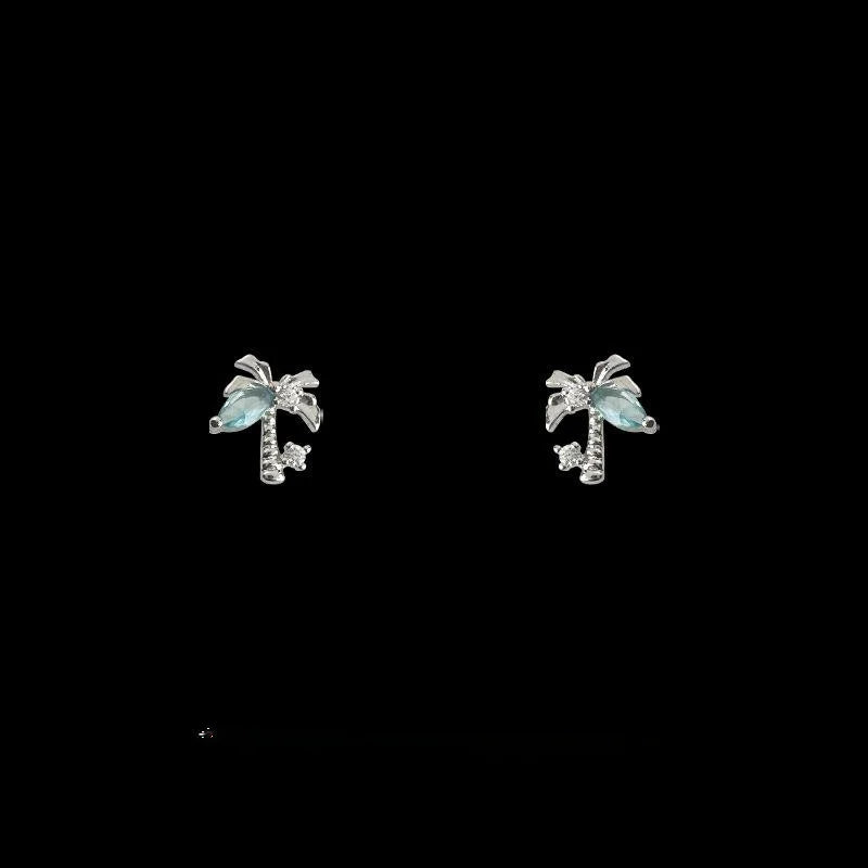 Mini Copper Coconut Tree Stud Earrings, Sweet Cool Fresh Leaf Designer Jewelry