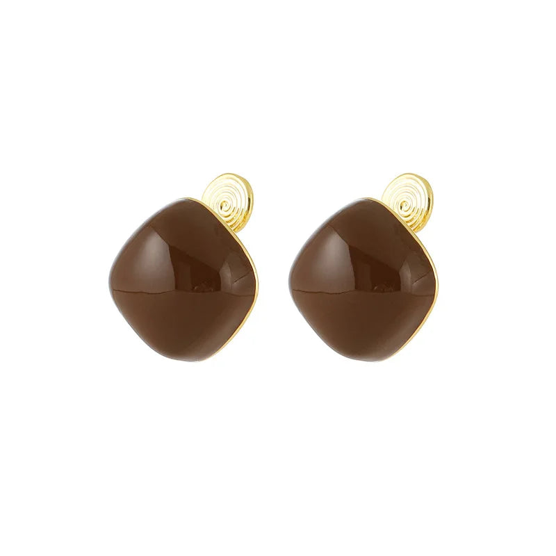 Elegant Vintage Luxury Coffee Brown Square Enamel Alloy Coil Stud & Clip On No Piercing Earrings