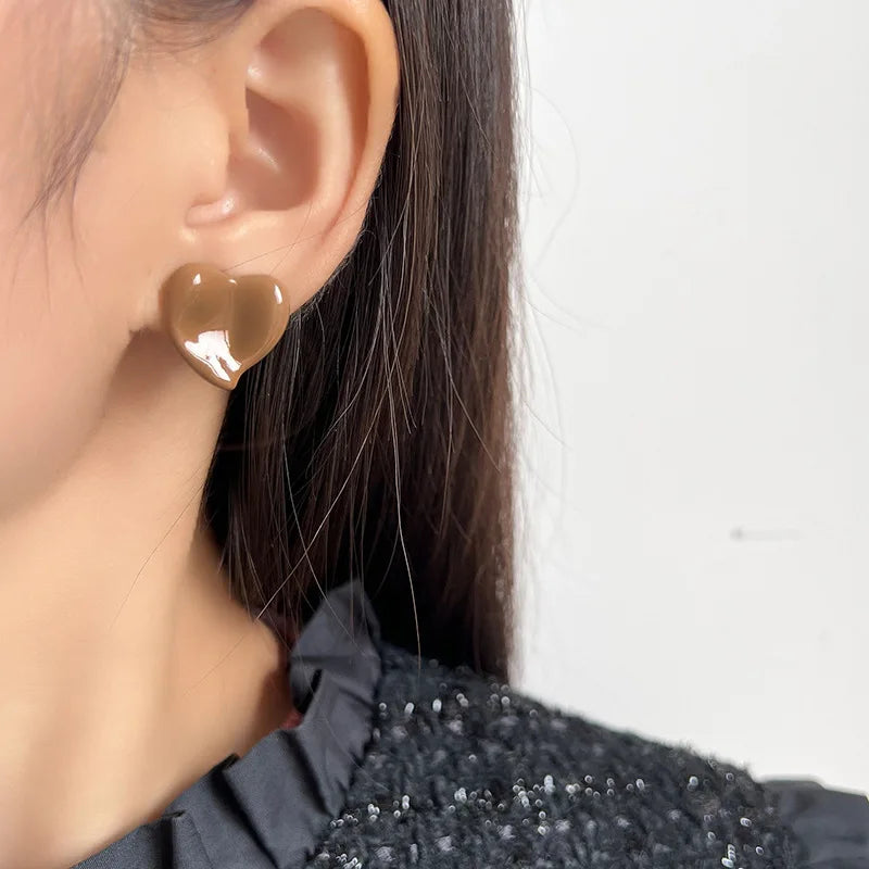 Elegant French Glossy Coffee Brown Enamel Heart Alloy Stud & Clip On No Piercing Statement Earrings
