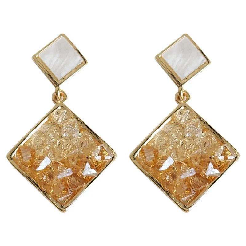 Gradient Orange Sea Glass Crystal Stud Earrings Eco-Friendly Copper Square Geometric Vacation Style