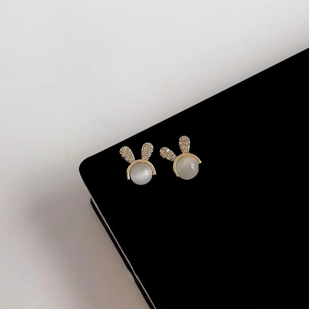 Sweet 14K Gold Plated Copper Rabbit Stud Earrings With Glass Cat Eye Stone And Micro Pave Zircon