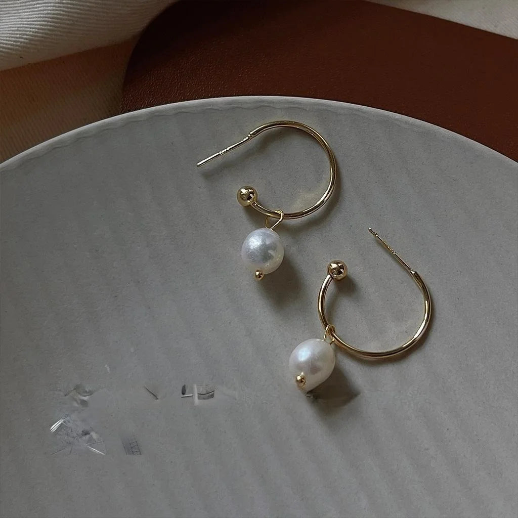 14K Gold Plated C Shape Freshwater Pearl Hoop Earrings Korean Versatile Style