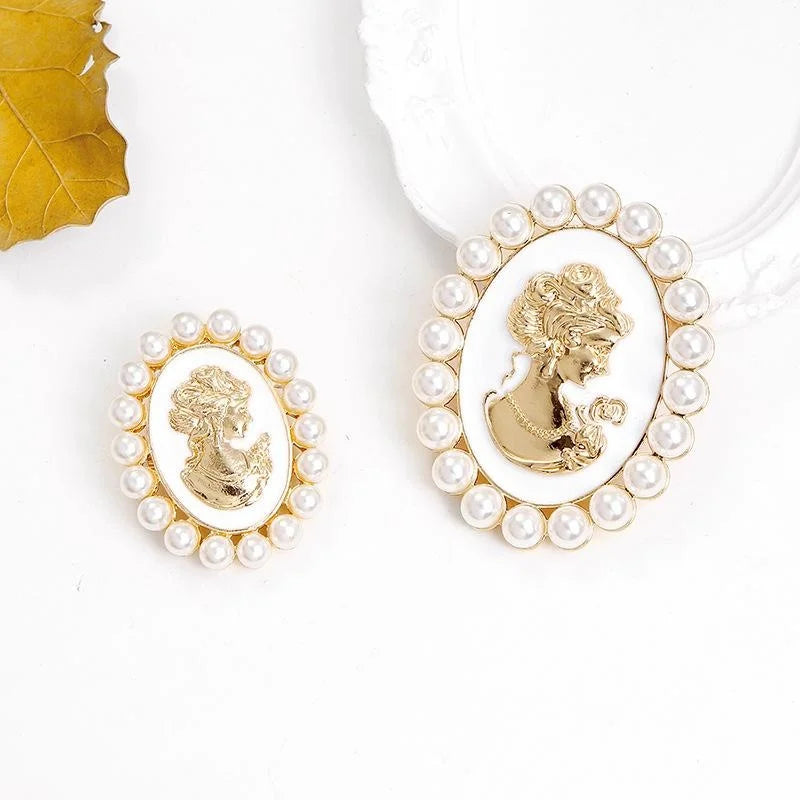 Vintage Baroque Lady Cameo Brooch With Faux Pearl And Enamel Frame, Elegant Lapel Pin Suit Accessory Gift