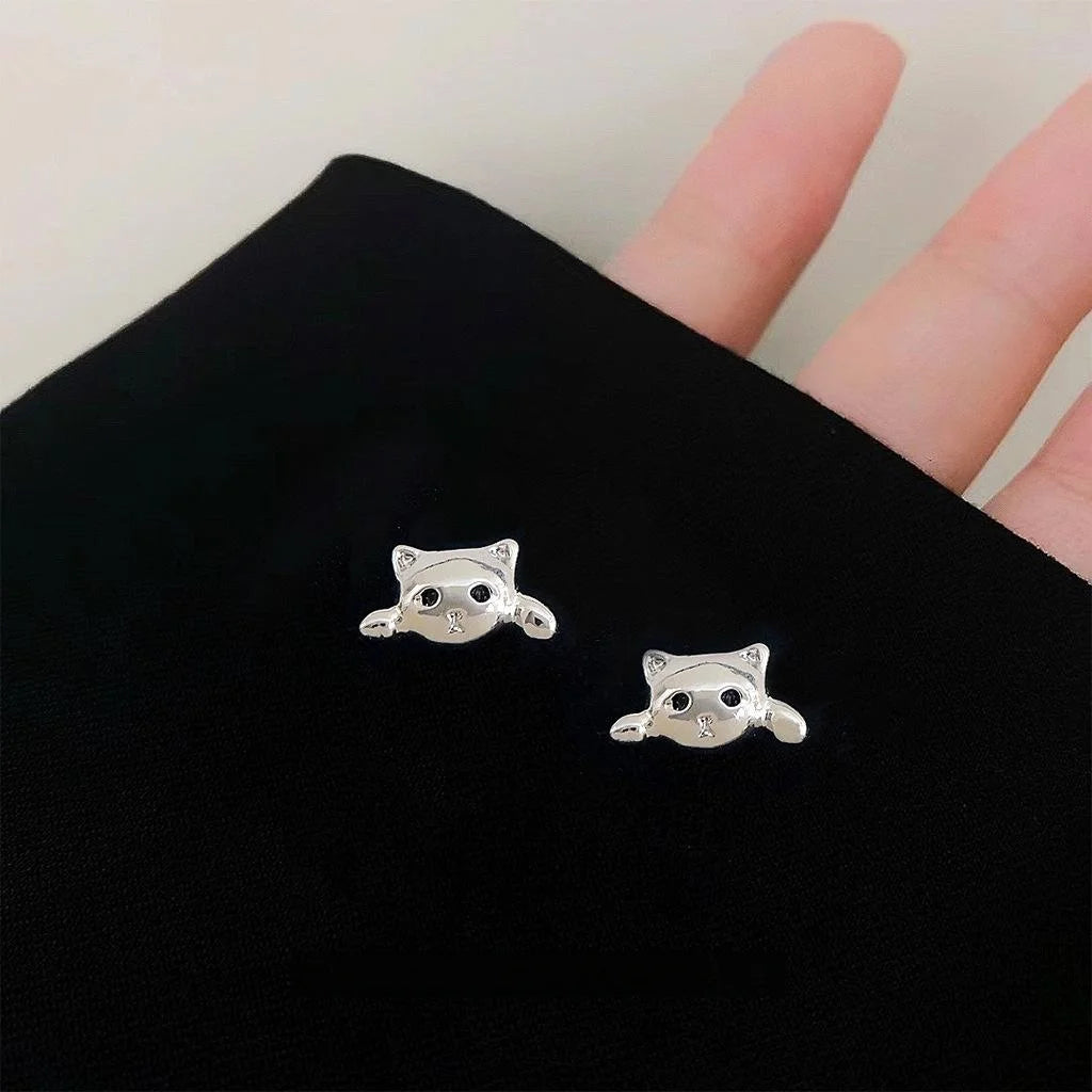 Cute Mini Cat Copper Stud Earrings For Women, Minimalist Animal Daily Commuter Jewelry