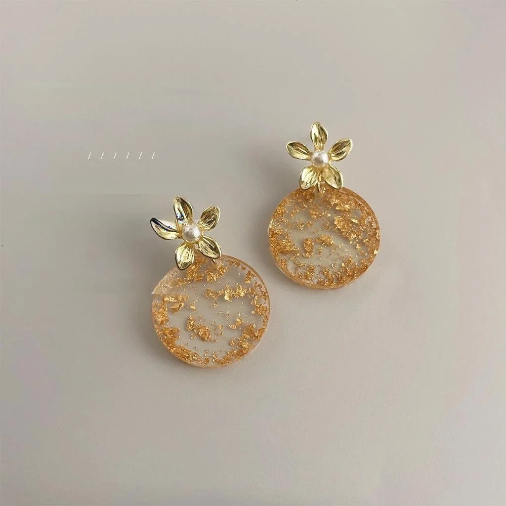 Original Design Copper Gold Foil 3D Peach Blossom Pearl Drop Earrings For Women
