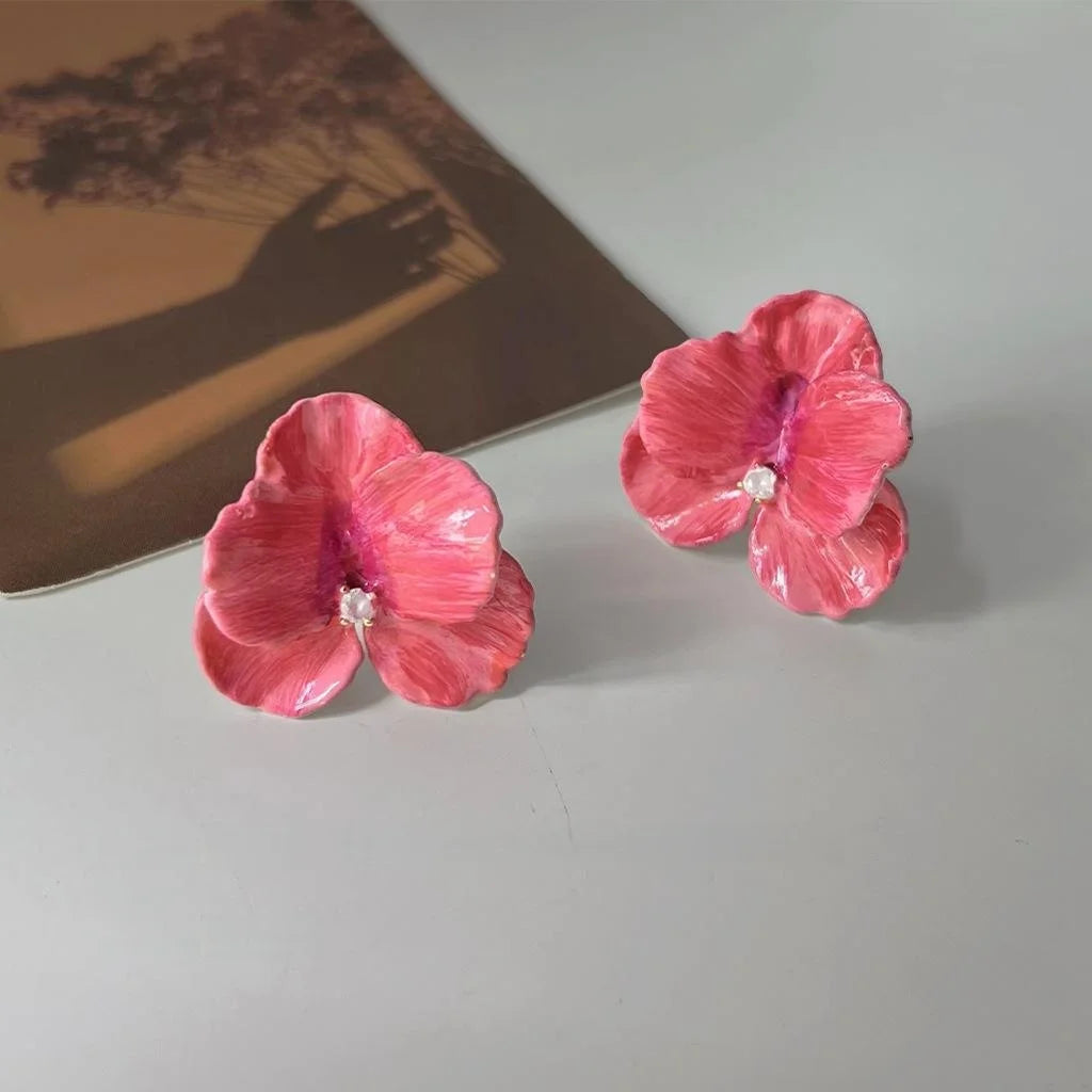14K Plated Copper 3D Floral Petal Stud Earrings With Red Wave Korean Japanese Style