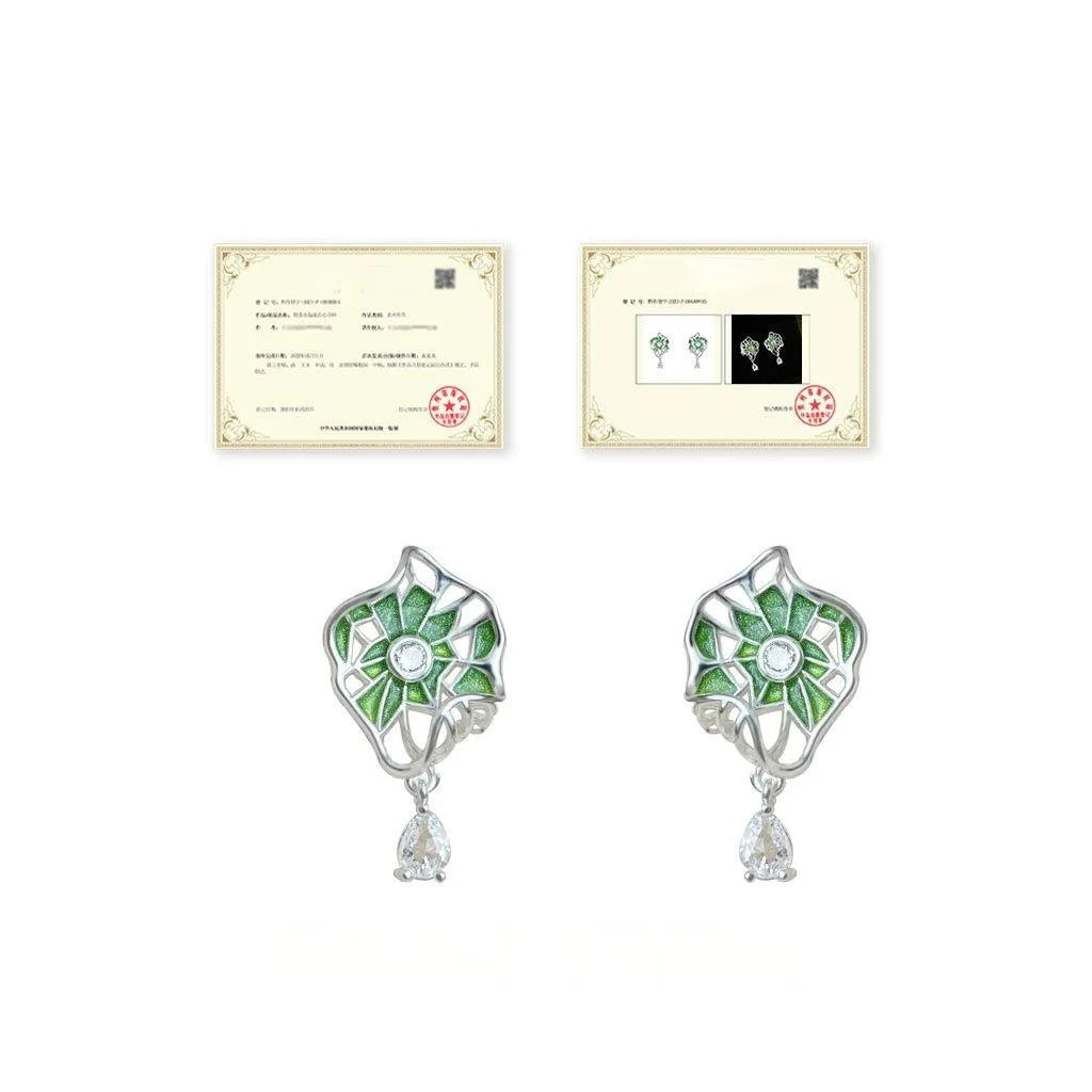 Niche Original Design Micro Pave Zircon Enamel Green Lotus Leaf Drop Earrings