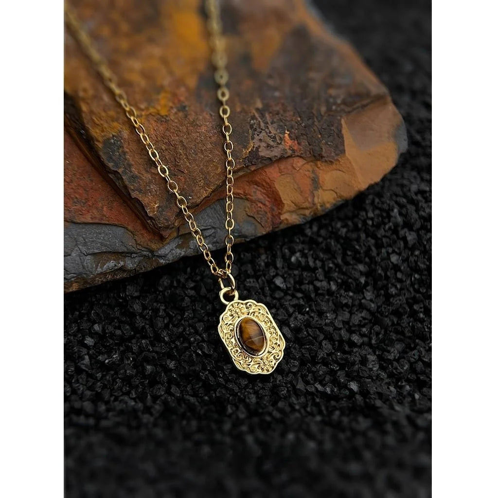 18K Gold Plated Copper Tiger Eye Natural Stone Vintage Collarbone Necklace For Women
