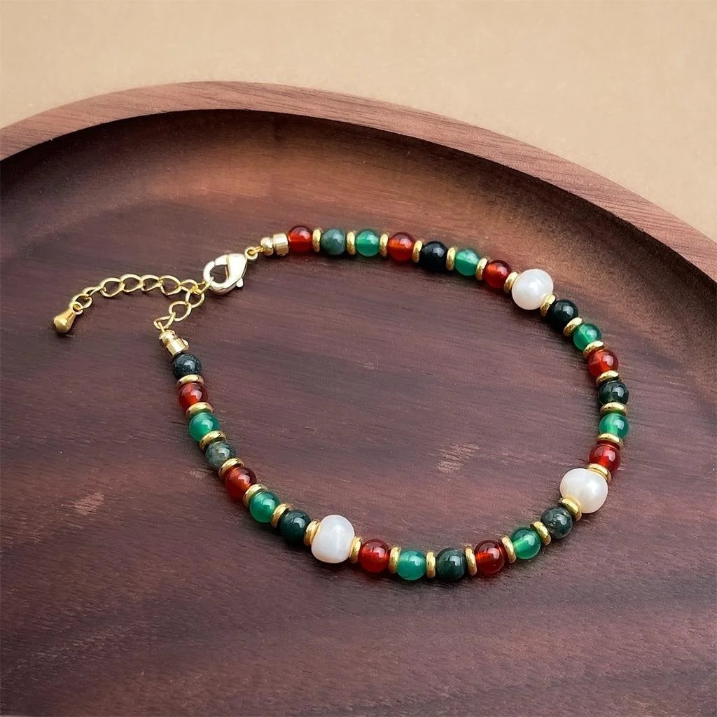 Natural Green Phantom Quartz Red And Green Agate Freshwater Pearl Geometric Ethnic Bracelet