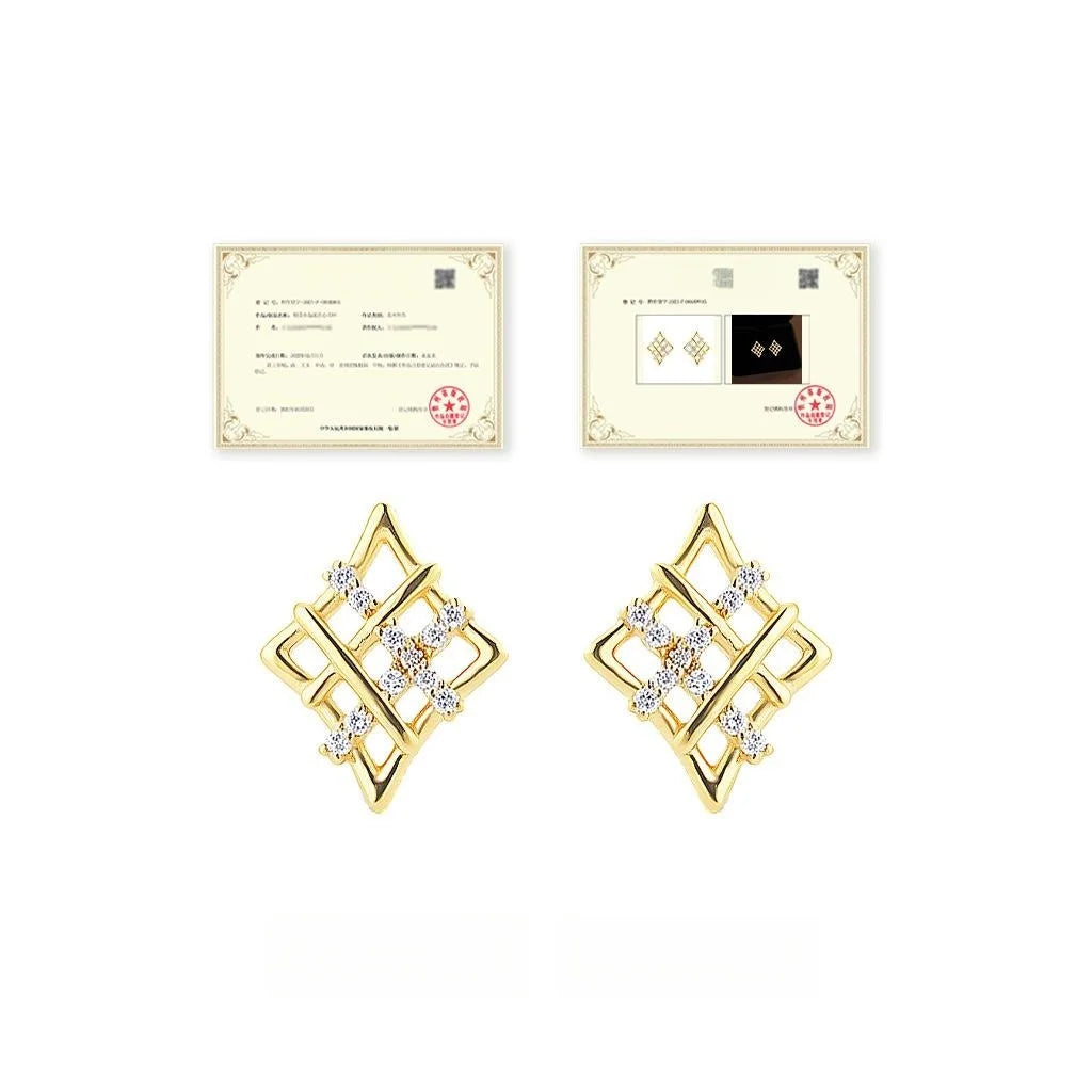 Light Luxury Geometric Zircon Grid Stud Earrings, Copper Alloy