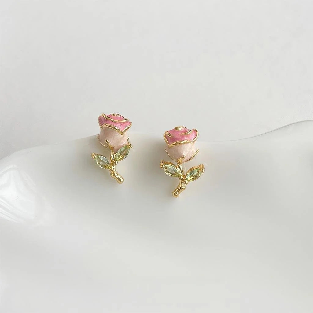 Sweet Fresh Silver Plated Copper Enamel Tulip Flower Micro Pave Zircon Stud Earrings