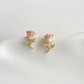 Sweet Fresh Silver Plated Copper Enamel Tulip Flower Micro Pave Zircon Stud Earrings