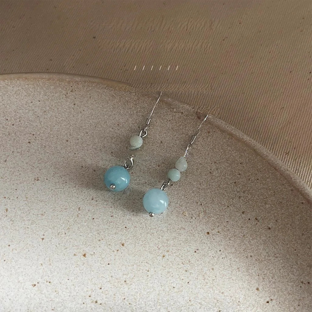 Original Design Copper Blue Natural Stone Geometric Tassel Drop Earrings New Chinese Style
