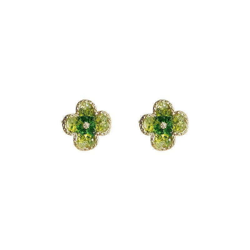 Sweet Forest Green Glass Crystal Flower Petal Stud Earrings, 14K Gold Plated Summer Jewelry