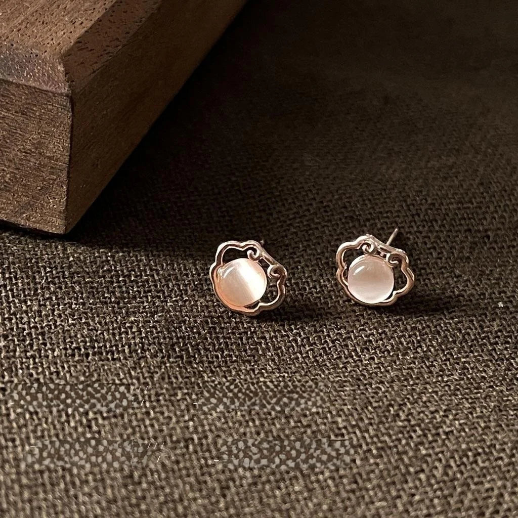 Chinese Style Mini Rose Gold Copper Ruyi Longevity Lock Glass Cat Eye Stone Stud Earrings