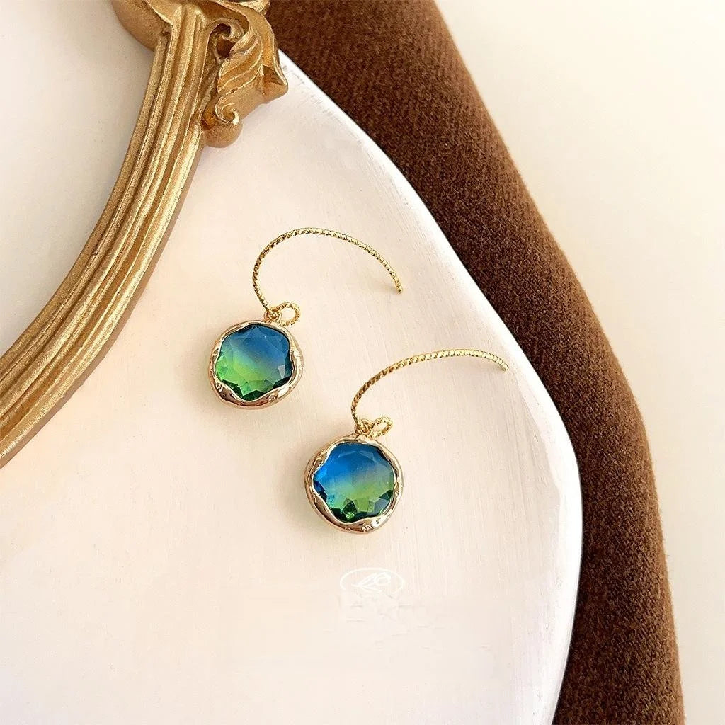 French Vintage Gradient Glass Crystal Geometric Round Copper Drop Earrings
