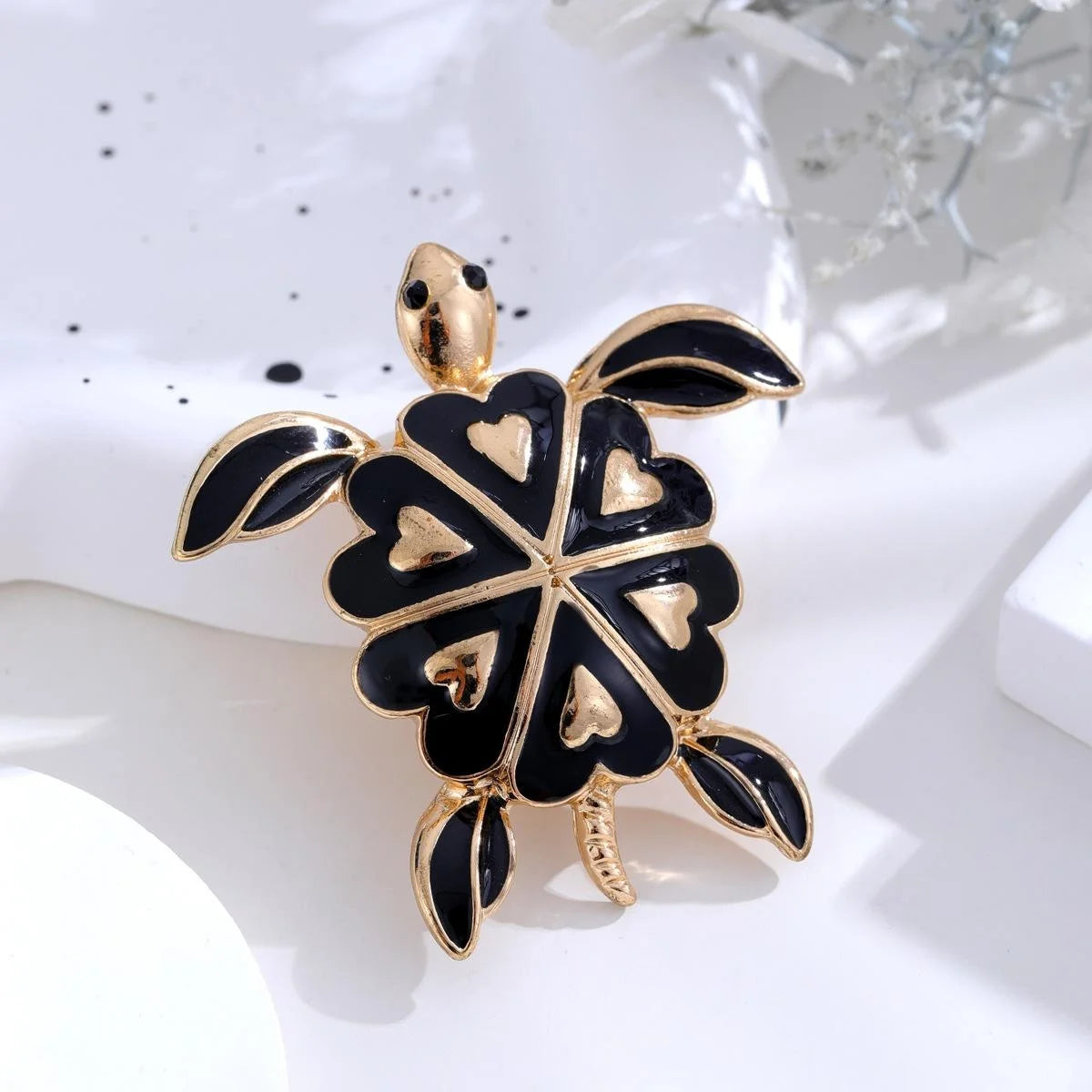 Vintage Black Enamel Heart Sea Turtle Alloy Brooch, Elegant Gold Tone Lapel Pin Suit Accessory Gift
