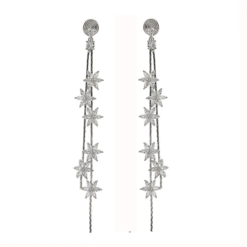 Elegant Rhinestone Flower Tassel Bridal Long Drop Stud & Clip On No Piercing Wedding Earrings