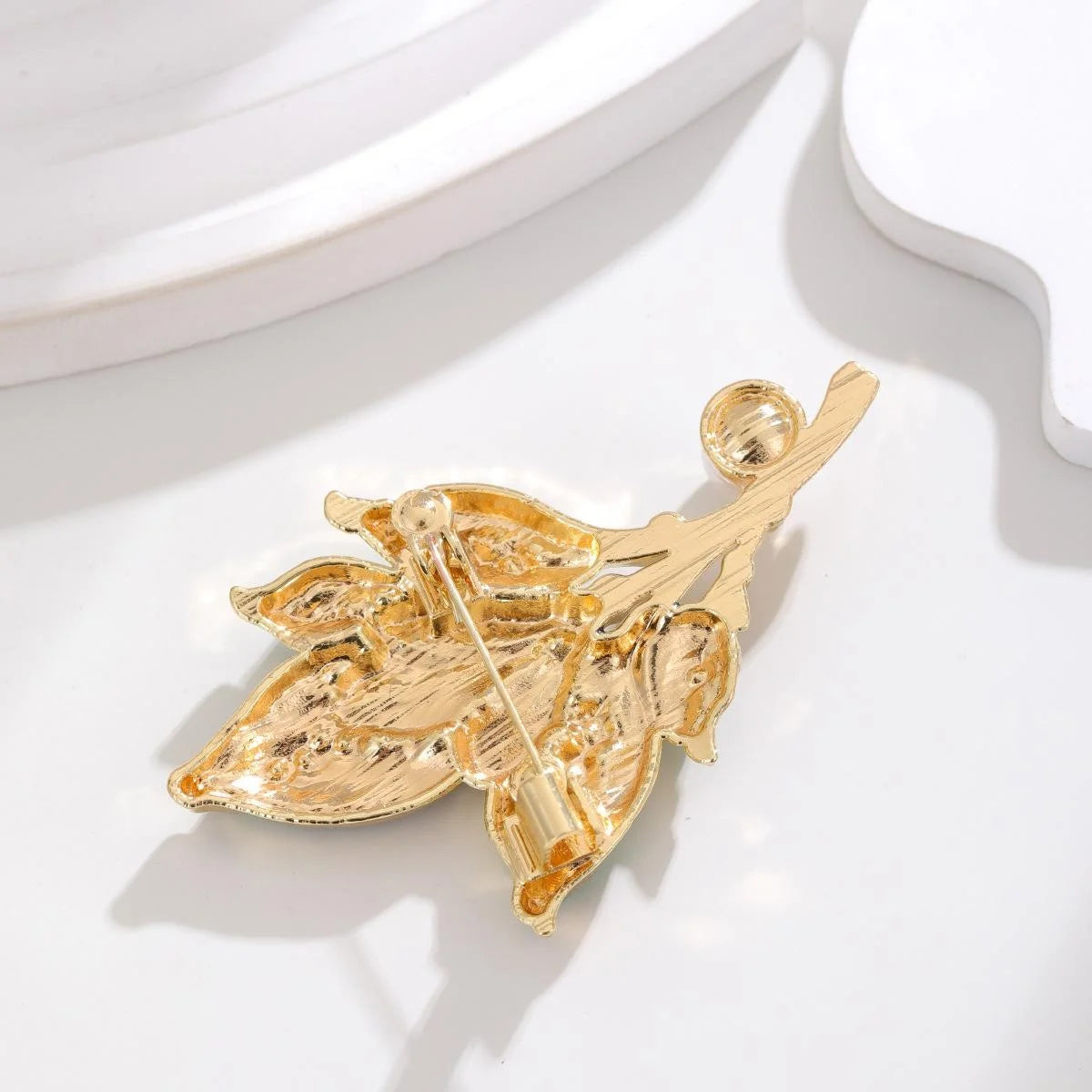 Elegant Enamel Leaf Flower Brooch With Faux Pearl And Rhinestones, Luxury Alloy Lapel Pin Corsage Gift