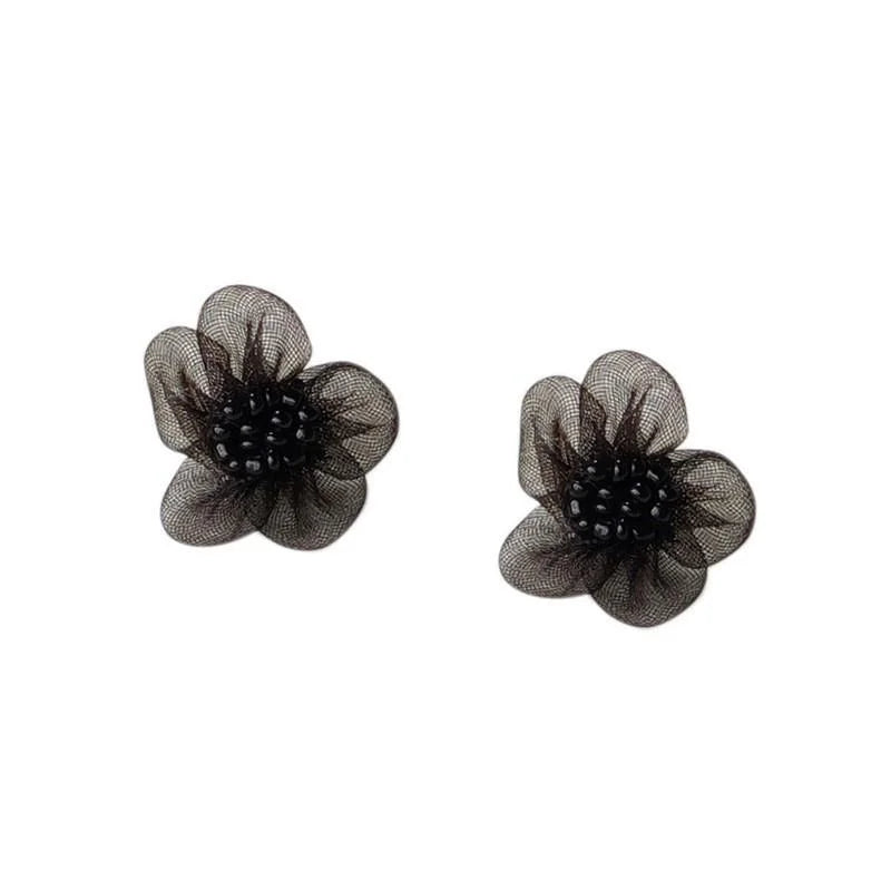 Black Lace Flower Stud Earrings Silver Plated Pin Fashion Commuter Elegant Jewelry