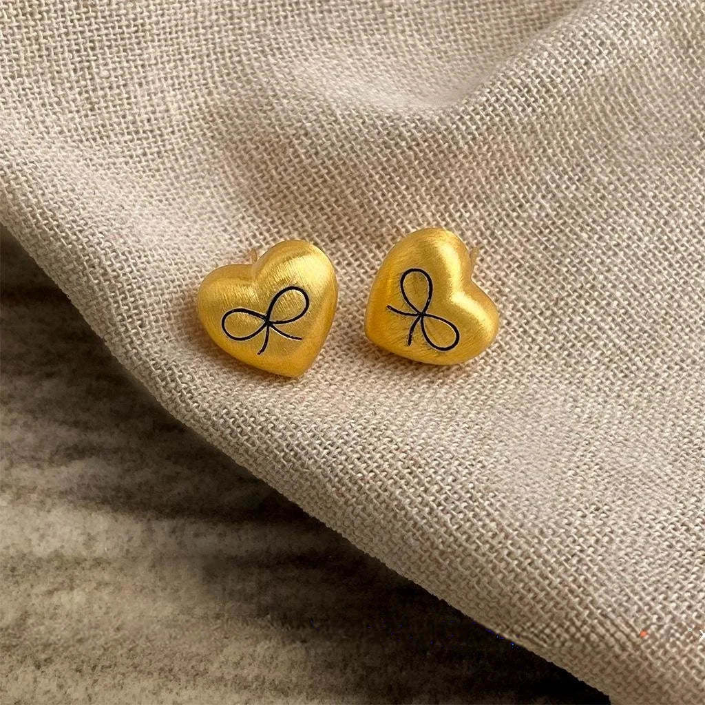 French Vintage Matte Brushed Copper Heart Bow Stud Earrings