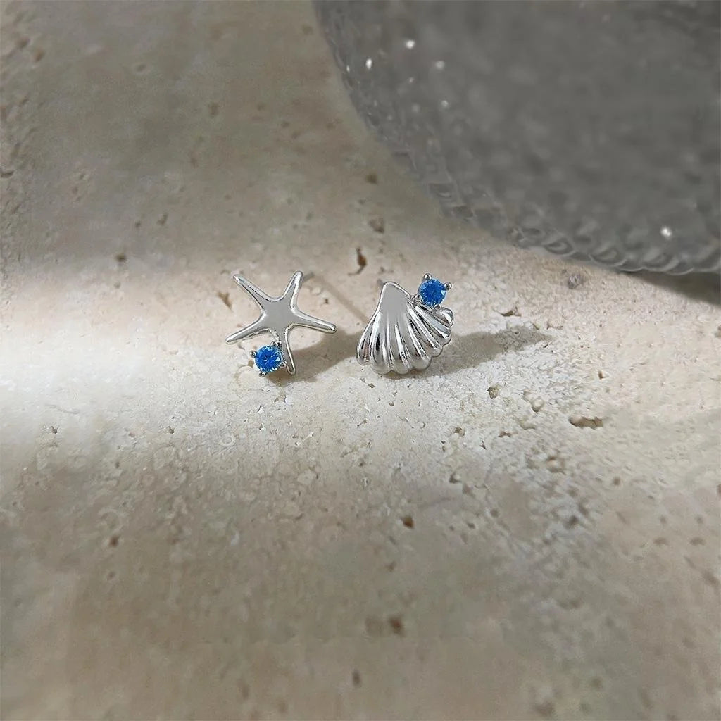 Ocean Series Asymmetric Copper Stud Earrings Micro Pave Zircon Starfish Shell Sweet Fashion Jewelry