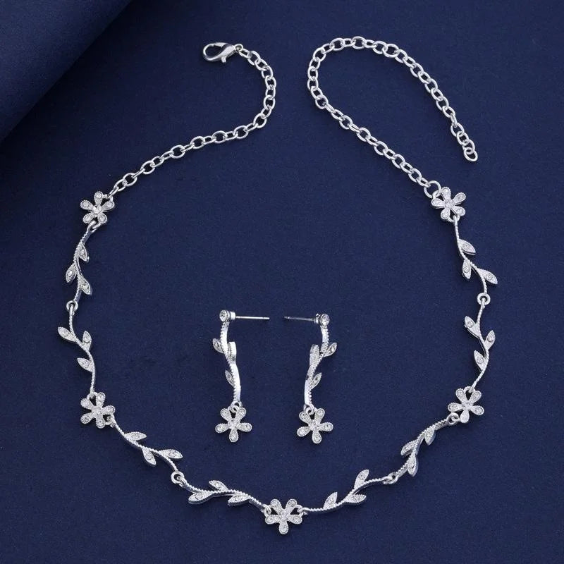 Rhinestone Floral Vine Necklace And Earrings Jewelry Set Elegant Bridal Wedding Party Jewelry Gift