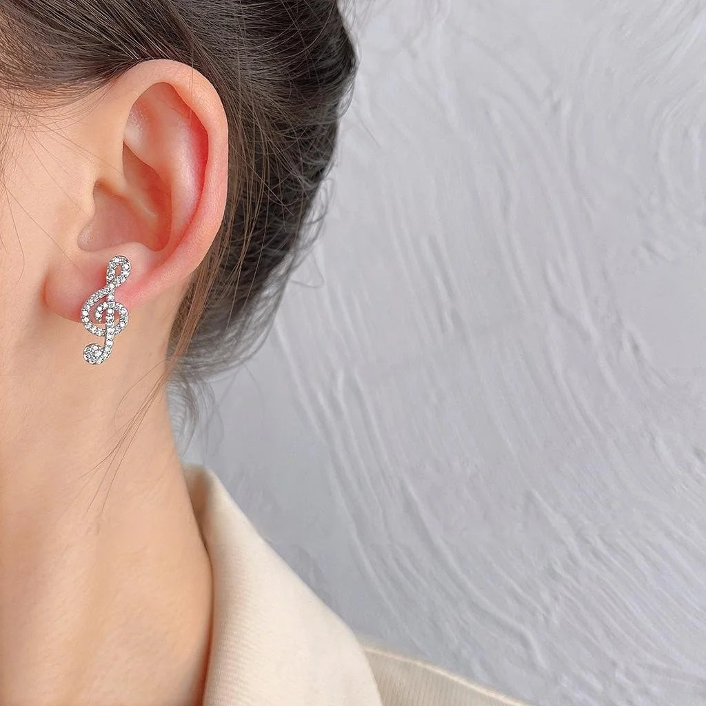 Asymmetric Music Note Micro Pave Zircon Copper Stud Earrings Silver Plated Sweet Cool Jewelry