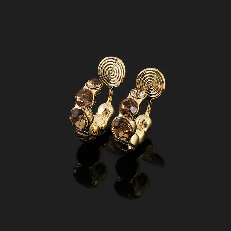 Luxury Gold Tone Brown Crystal Rhinestone Spiral Hoop Stud & Clip On No Piercing Alloy Circle Earrings