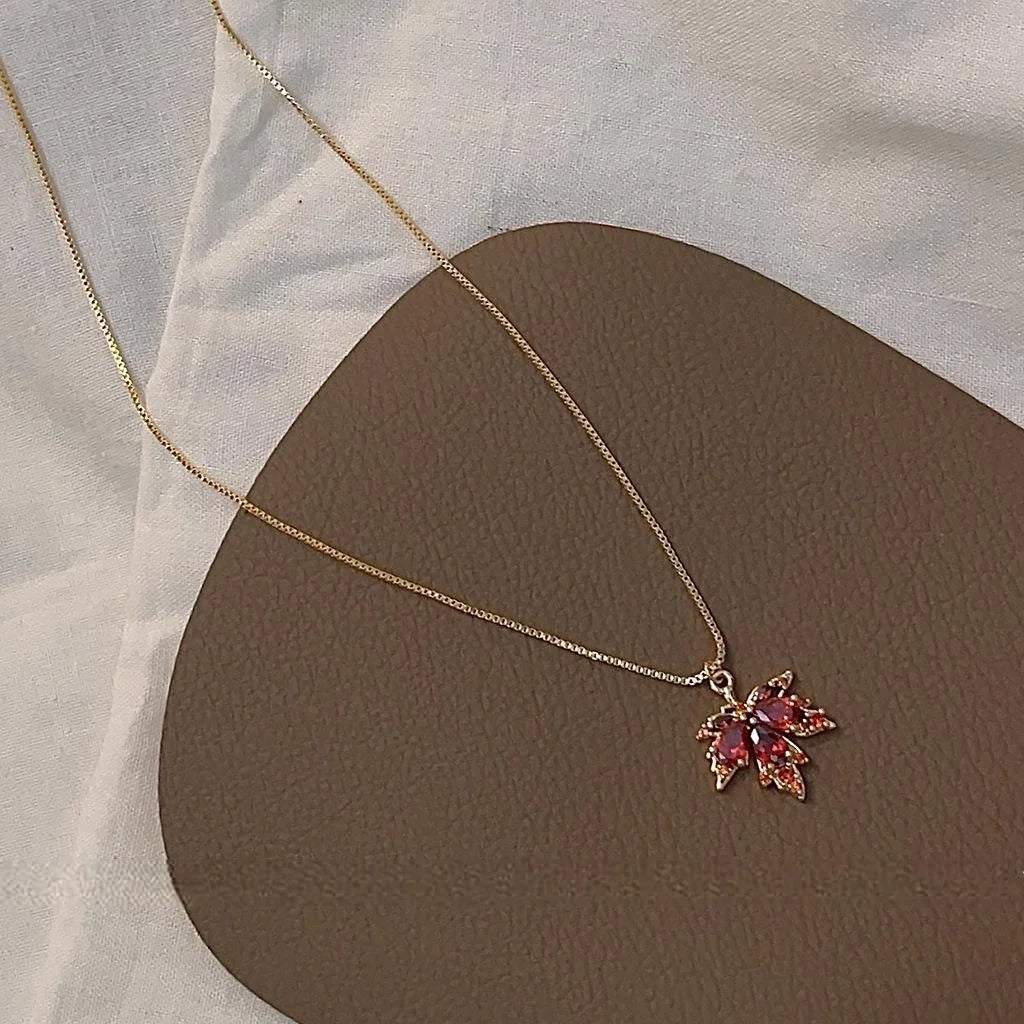 14K Gold Plated Copper Micro Pave Zircon Maple Leaf Pendant Necklace For Women