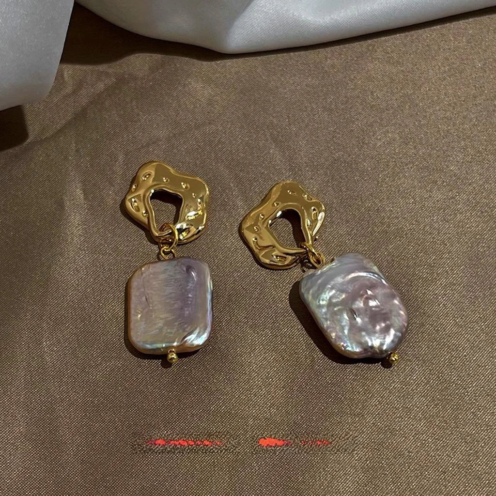Vintage Baroque Freshwater Pearl Drop Earrings Irregular Geometric Copper French Style
