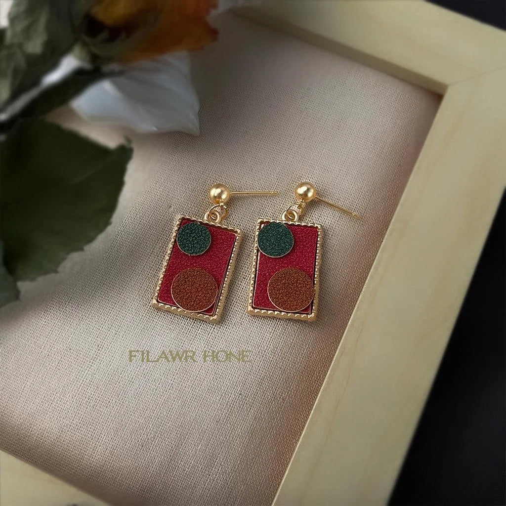 Vintage PU Leather Geometric Drop Earrings With Matte Plated Rectangle And Circle Design
