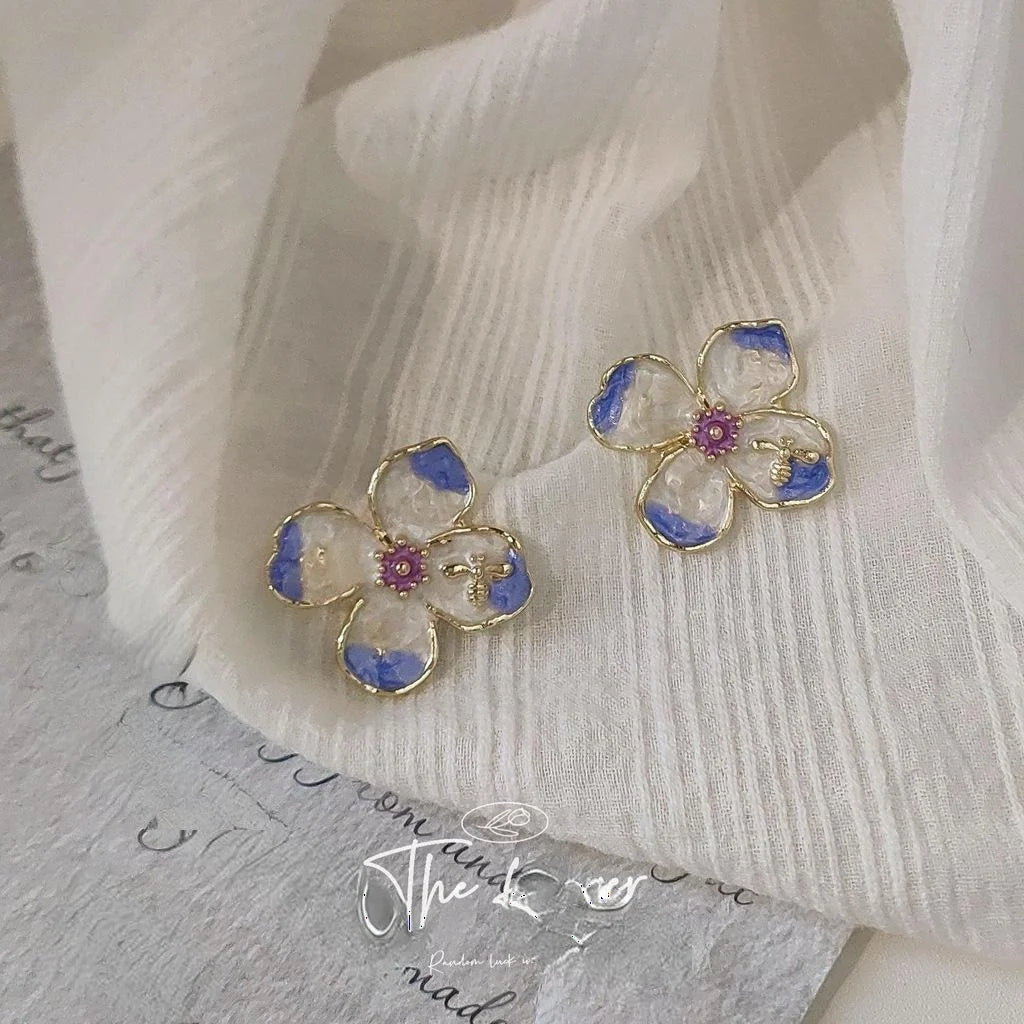Sweet Forest Style Gradient Purple Enamel Flower Alloy Stud Earrings French Vintage Jewelry