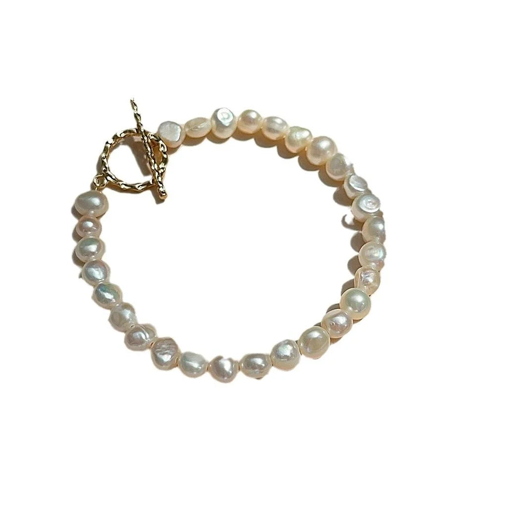 14K Real Gold Plated Natural Irregular Baroque Freshwater Pearl Handmade Geometric Circle Bracelet