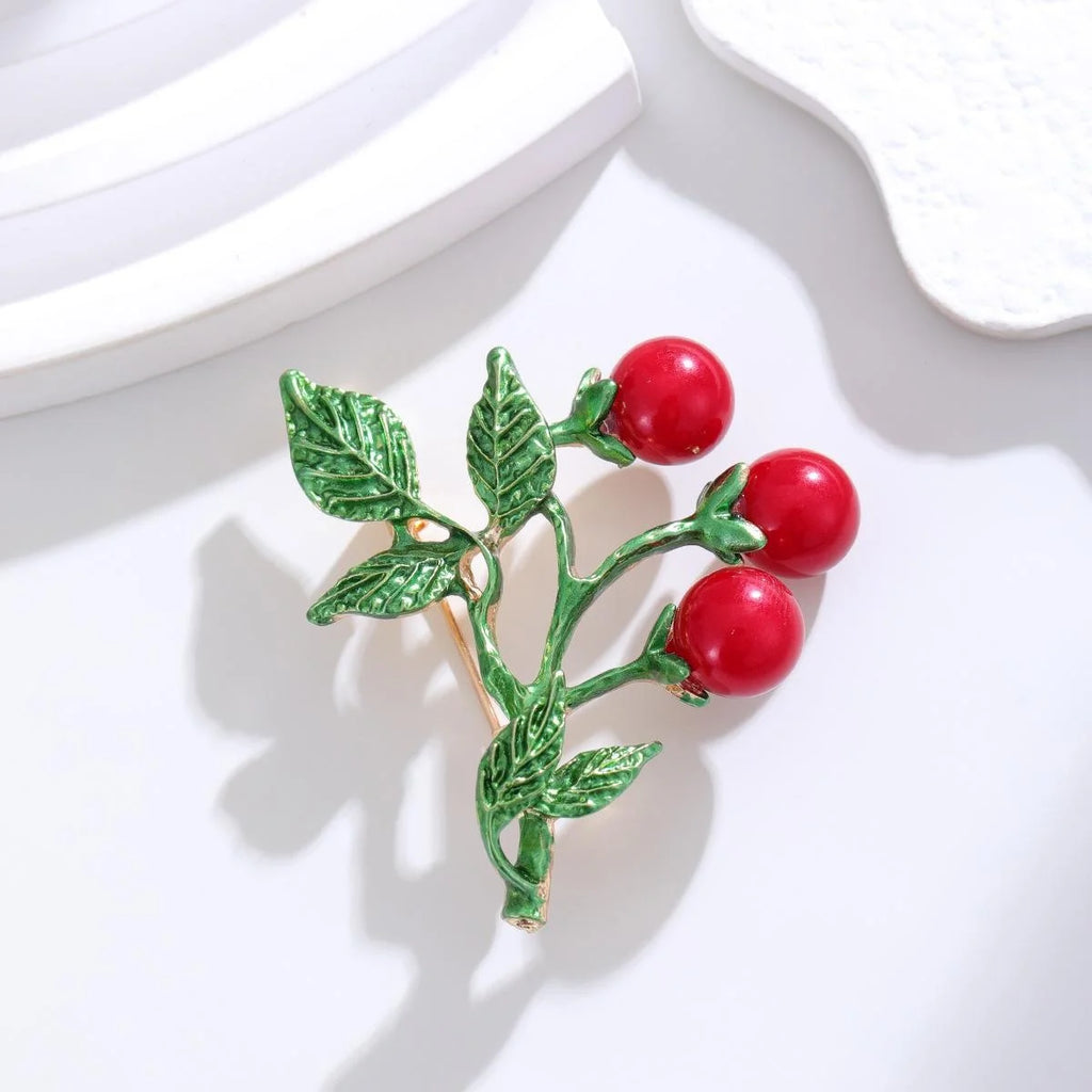 Cute Enamel Cherry Branch Brooch For Women, Alloy Fruit Lapel Pin Corsage Suit Accessory Gift