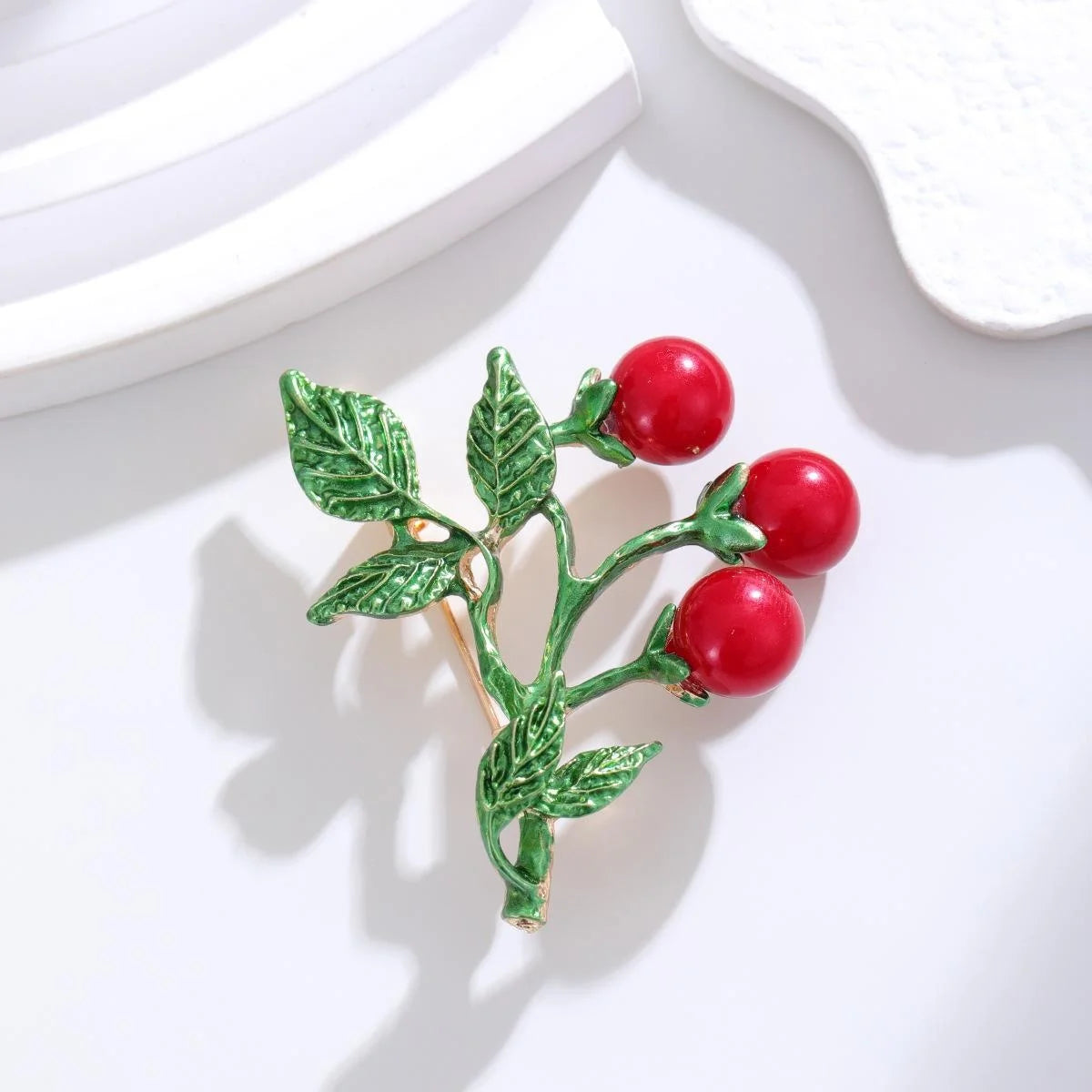 Cute Enamel Cherry Branch Brooch For Women, Alloy Fruit Lapel Pin Corsage Suit Accessory Gift