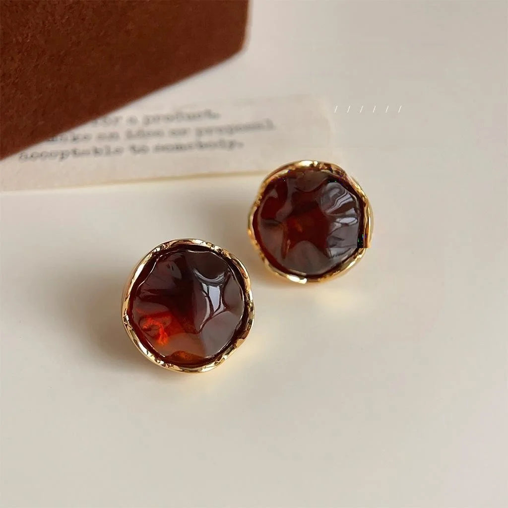 Vintage Maillard Style Round Resin Stud Earrings, French 3D Geometric Copper