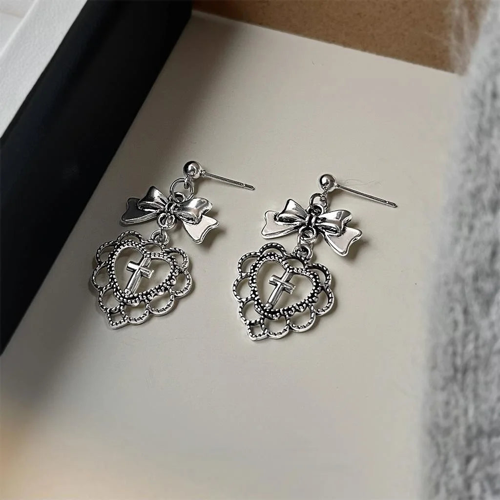 Sweet Cool Lolita Heart Bow Cross Drop Earrings, Antique Black Geometric Design