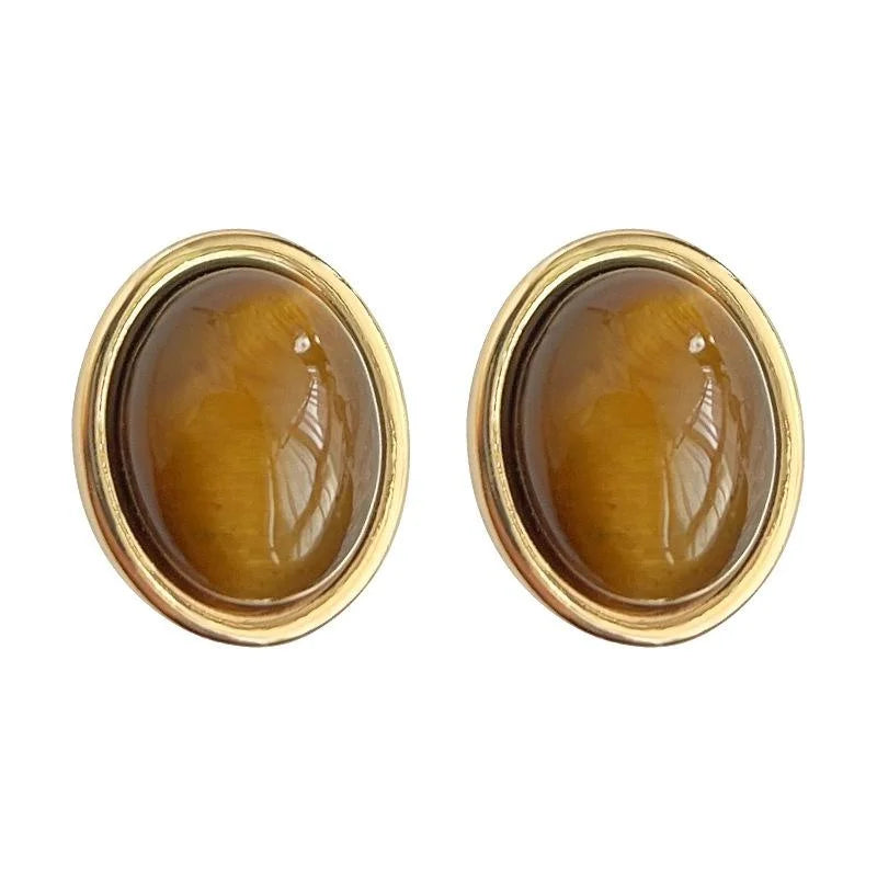 Vintage Artsy 14K Gold Plated Copper Tiger Eye Oval Mini Stud Earrings