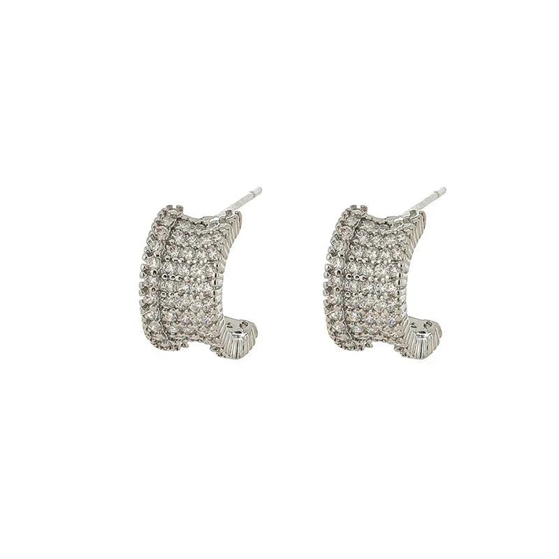Elegant Zircon Pave Wide Hoop Huggie Stud & Clip On No Piercing Small Circle Ear Cuff Earrings