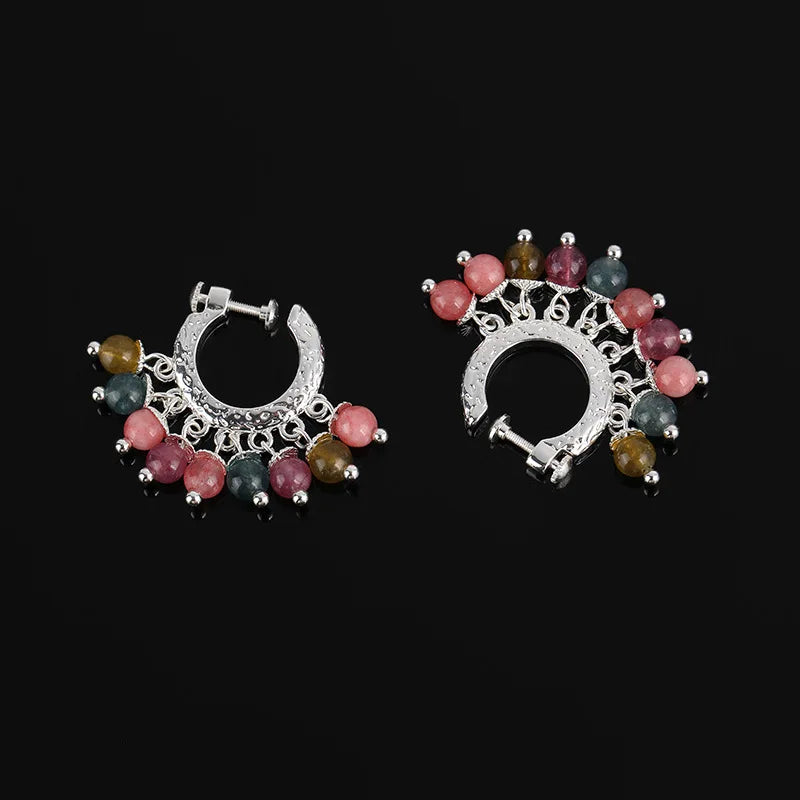 Vintage Crescent Hoop Natural Stone Beaded Alloy Stud & Clip On No Piercing Handmade Earrings