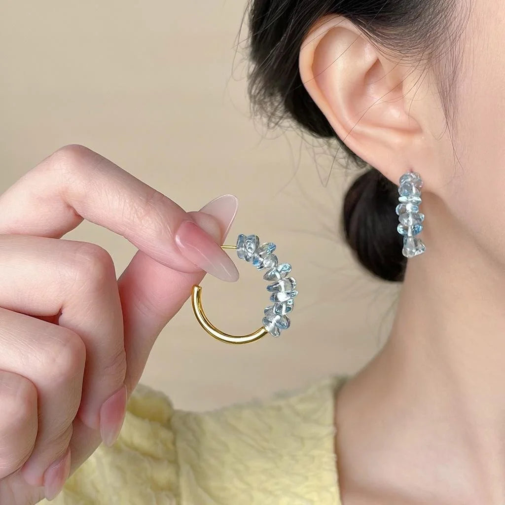 Copper Aquamarine Glass Crystal Geometric Hoop Drop Earrings, Summer Vacation Style